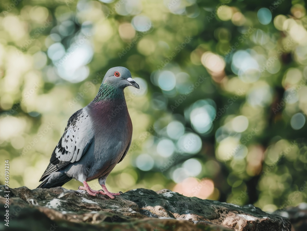 A colorful pigeon stands on a rock amidst lush greenery, with a soft bokeh background. A colorful pigeon stands on a rock amidst lush greenery, with a soft bokeh background.