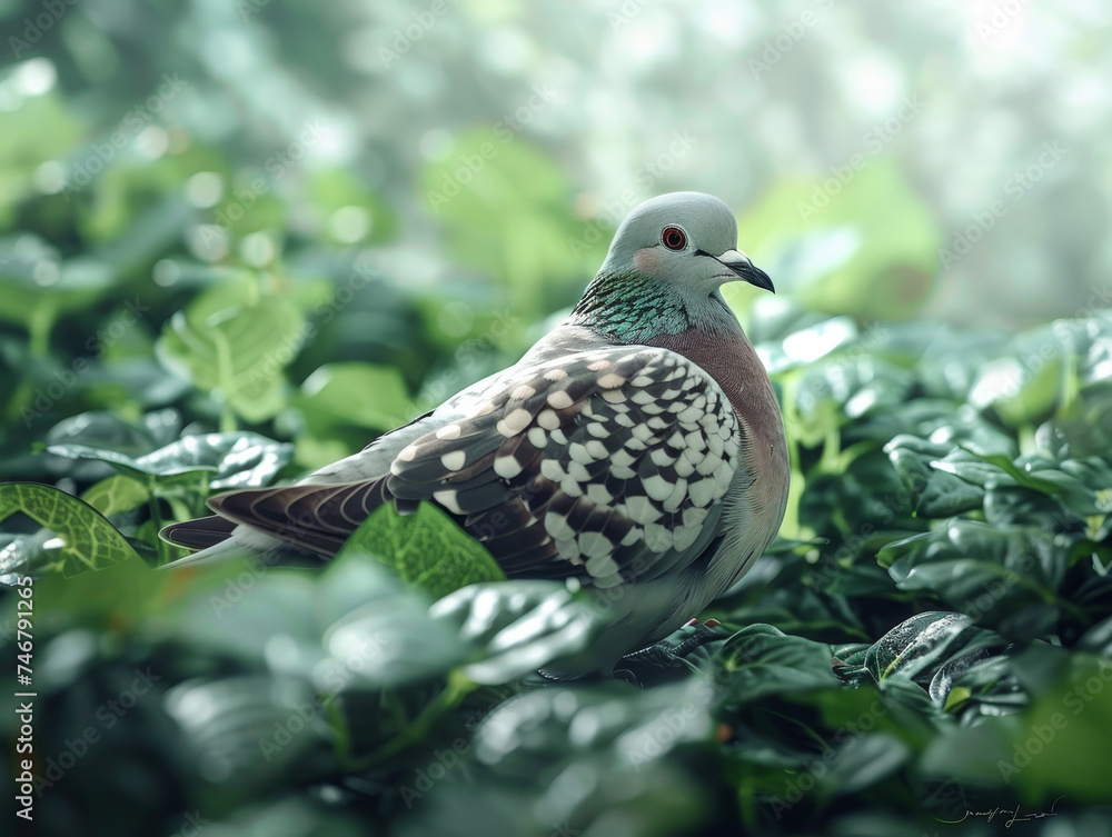 A colorful pigeon stands on a branch amidst lush greenery, with a soft bokeh background. A colorful pigeon stands on a branch amidst lush greenery, with a soft bokeh background.