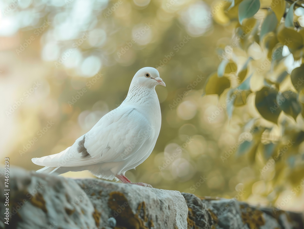 A solitary white dove perched elegantly against a soft, sunny backdrop. A solitary white dove perched elegantly against a soft, sunny backdrop.