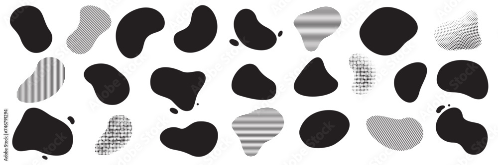 Irregular blobs and organic shape splash or liquid forms, vector abstract pattern background. Halftone monochrome color blend gradient of liquid fluid splash forms for trendy minimal design elements Irregular blobs and organic shape splash or liquid forms, vector abstract pattern background. Halftone monochrome color blend gradient of liquid fluid splash forms for trendy minimal design elements