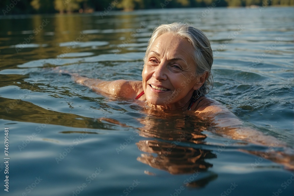 Mature, happy woman joyfully swims in the crystal-clear lake on a warm summer day, with the sun glistening on the water's surface