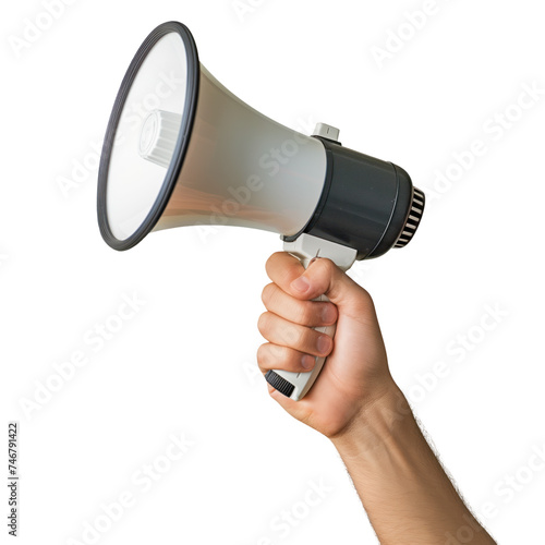 Close-up of a white megaphone held in hand, isolated on a white or transparent background. The megaphone is directed sideways. Concept of advertising campaign, loud message, grabbing attention.