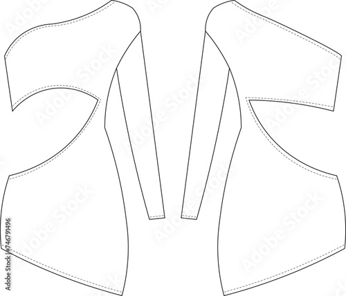 asymmetric neck hem drop shoulder one long sleeve off the shoulder low cut one shoulder mini body-con dress template technical drawing flat sketch cad mockup fashion woman design style model