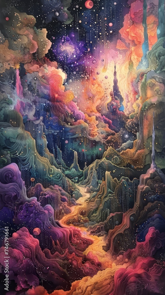 Exploring ethereal realms with surreal shapes and vibrant colors in abstract landscapes.