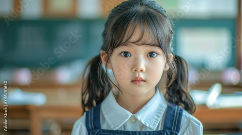 little korean schoolgirl in school class, cute asian girl, japanese, chinese, study, education, smart child, clever kid, children, knowledge, chalk board, portrait, people, person, black hair photo