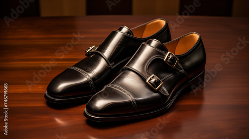 A Sophisticated Display of J.M. Weston Black Leather Shoes and Matching Accessories