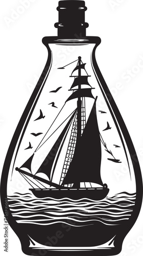 Bottlebound Brigantine Vector Graphic of Classic Seafaring Relic Antique Maritime Charm Black Logo Design of Glass Encased Sailboat