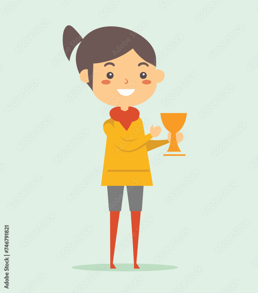 Young girl trophy, standing smiling, award winning. Happy childs achievement, cartoon success celebration vector illustration Young girl trophy, standing smiling, award winning. Happy childs achievement, cartoon success celebration vector illustration