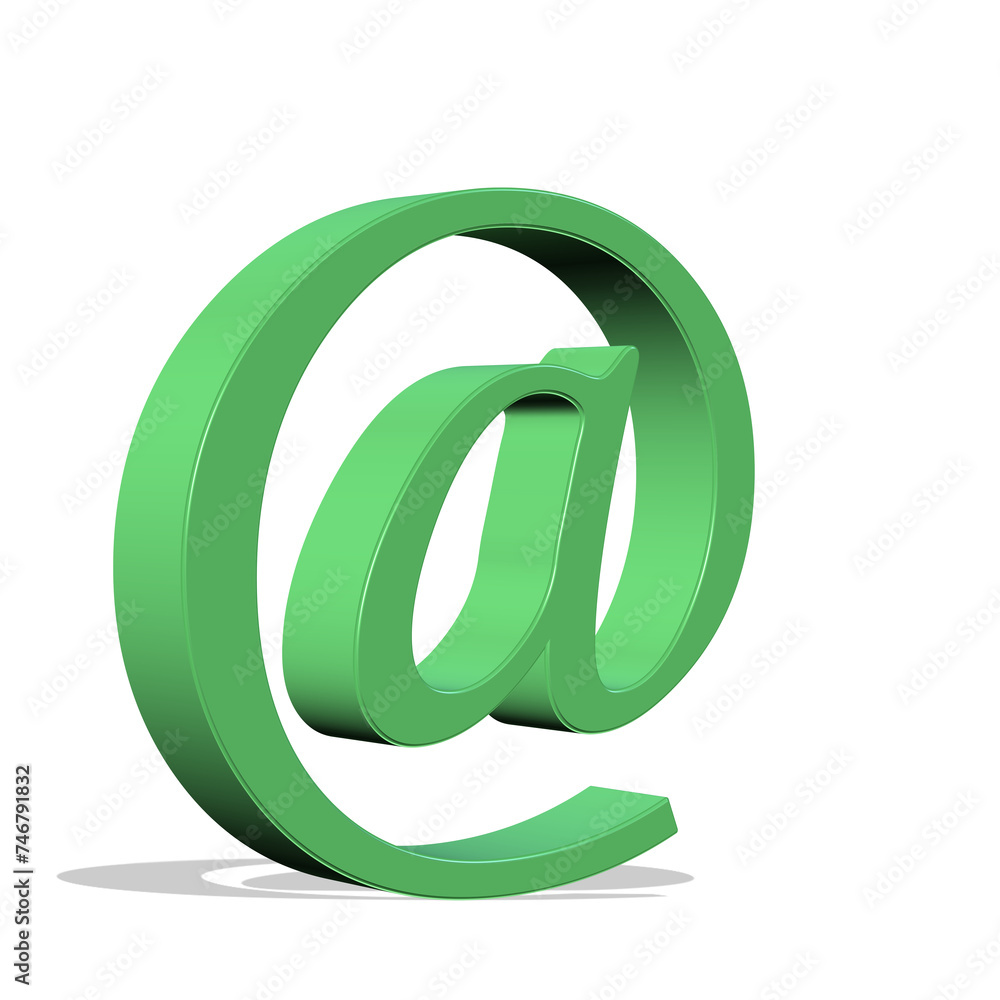 Grünes At-Symbol vor weißem Hintergrund, 3D-Illustration Grünes At-Symbol vor weißem Hintergrund, 3D-Illustration