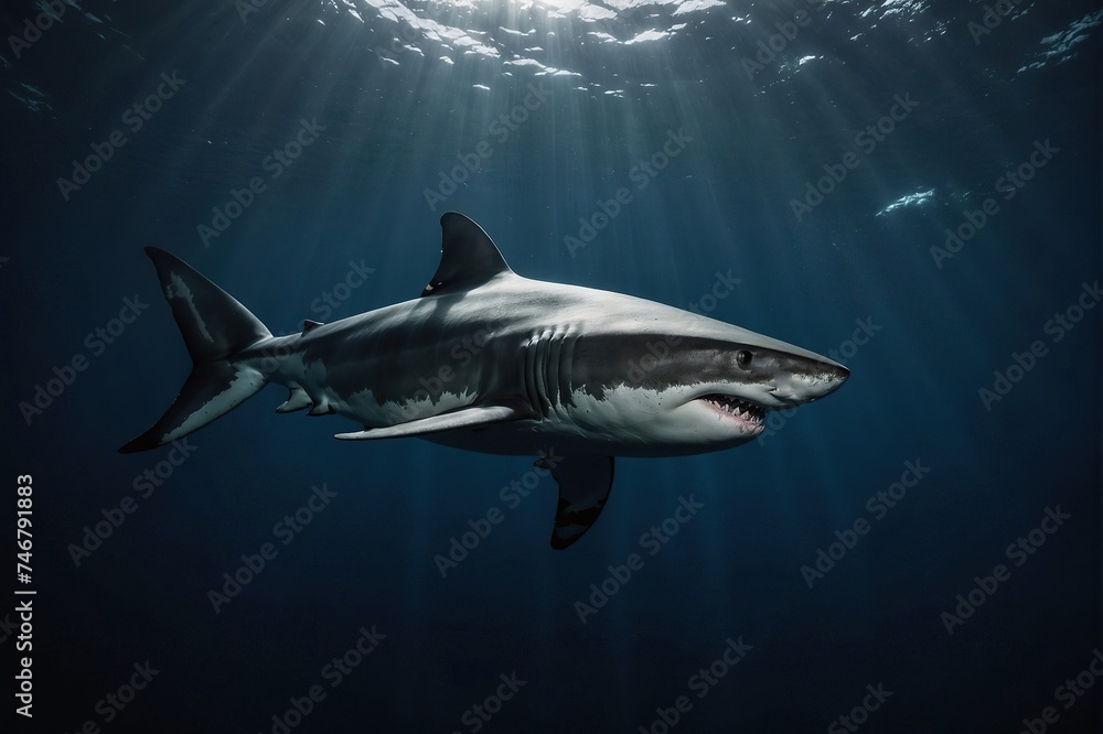 Fototapeta premium Nice big white shark in the dark with space for text wild ocean life and danger from darkness