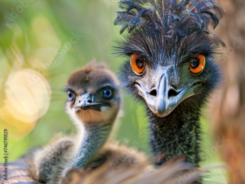 Close-up of an emu and its baby with intense eyes and textured feathers in its natural setting.