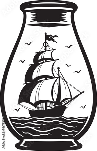 Bottled Nautical Elegance Iconic Black Emblem of Old Ship in Glass Seafaring Relic in Glass Vector Graphic of Vintage Sailboat Keepsake