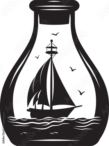 Seafaring Relic in Glass Black Logo Design of Antique Nautical Symbol Bottled Maritime Majesty Iconic Black Emblem of Vintage Ship Keepsake
