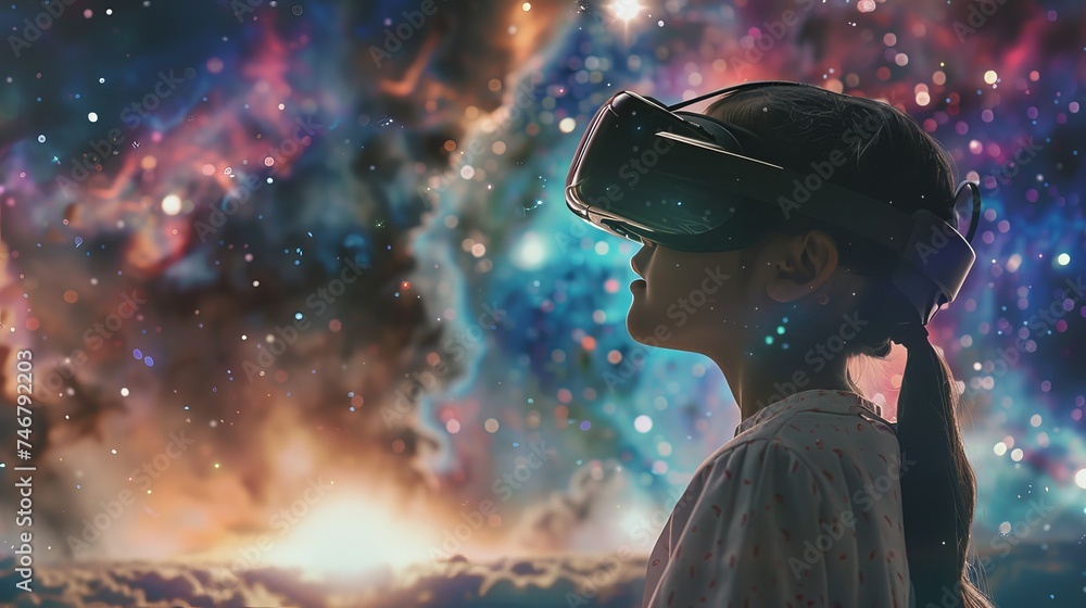 
A charming image captures a little Asian girl, her face adorned with wonder, as she wears virtual reality goggles. Behind her, a cosmic and futuristic space virtual imaging background unfolds