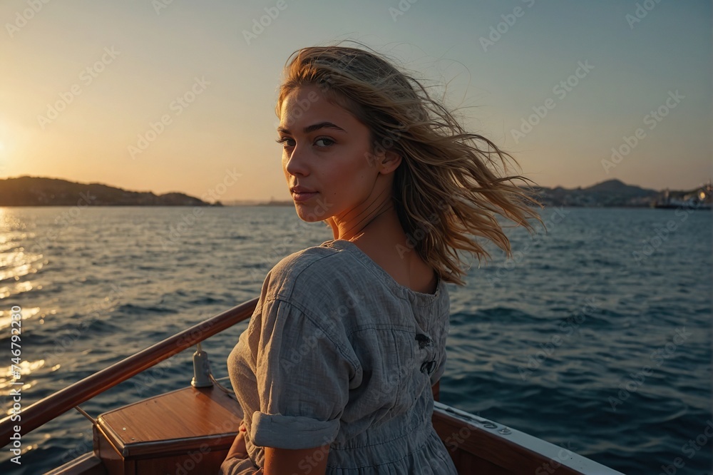 Fototapeta premium Panoramic crop of girl enjoying sunset view from boat deck leaving port
