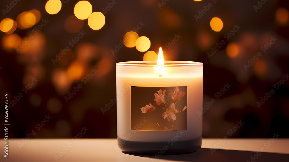 Close up of burning candle with blurred background and copy space for text - obrazy, fototapety, plakaty 