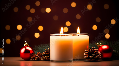 Close up of burning candle with blurred background and copy space for text