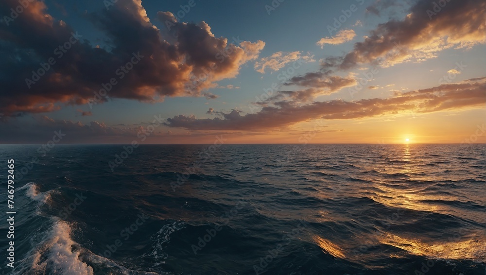 Panoramic view of the sea with a beautiful sunset just above the horizon