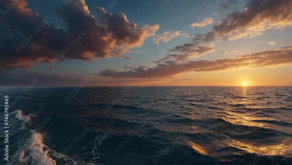 Panoramic view of the sea with a beautiful sunset just above the horizon Panoramic view of the sea with a beautiful sunset just above the horizon