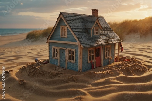 Panoramic crop of girl make small house on beach sand