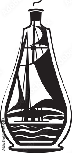Bottled Brigantine Iconic Black Logo Design of Classic Sailboat Seafaring Sentiment Vector Graphic of Vintage Maritime Keepsake
