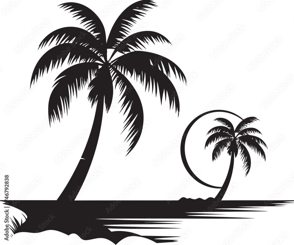 Coastal Calm Vector Graphic of Palm Tree and Ocean Palm Oasis Black Logo Design of Tropical Seashore