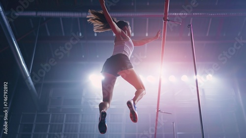 beautiful woman doing a pole vault in a stadium with audience and lights