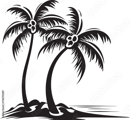 Beachfront Beauty Black Icon of Palm and Sandy Beach Coastal Escape Vector Palm Tree and Ocean Horizon Emblem