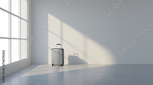 White room with a suitcase and a window
