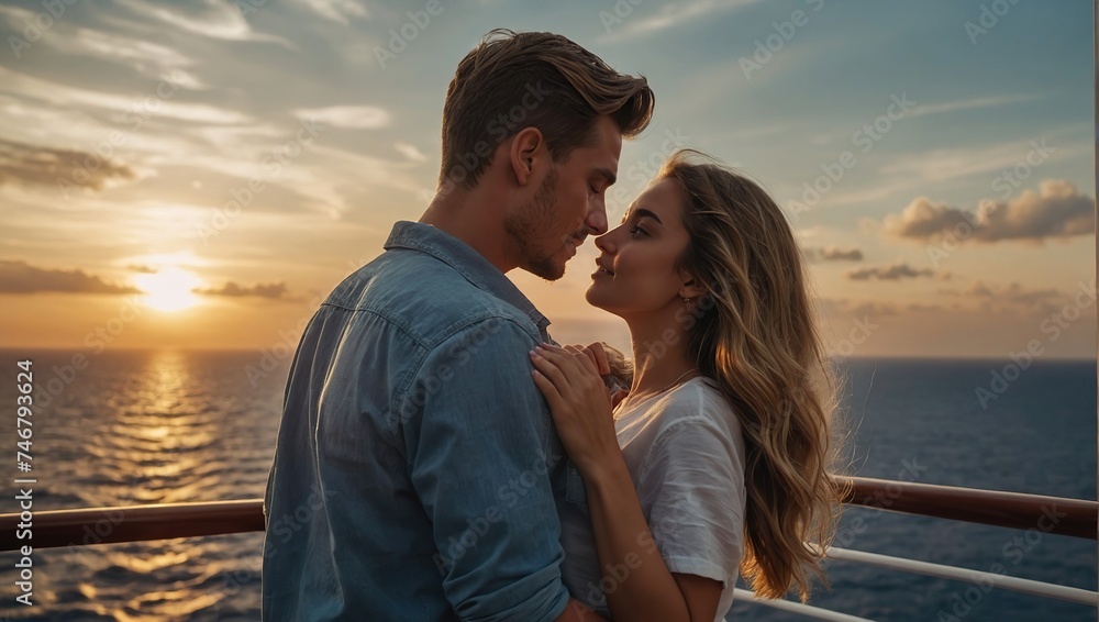 Obraz premium young couple at sunset on cruise ship 