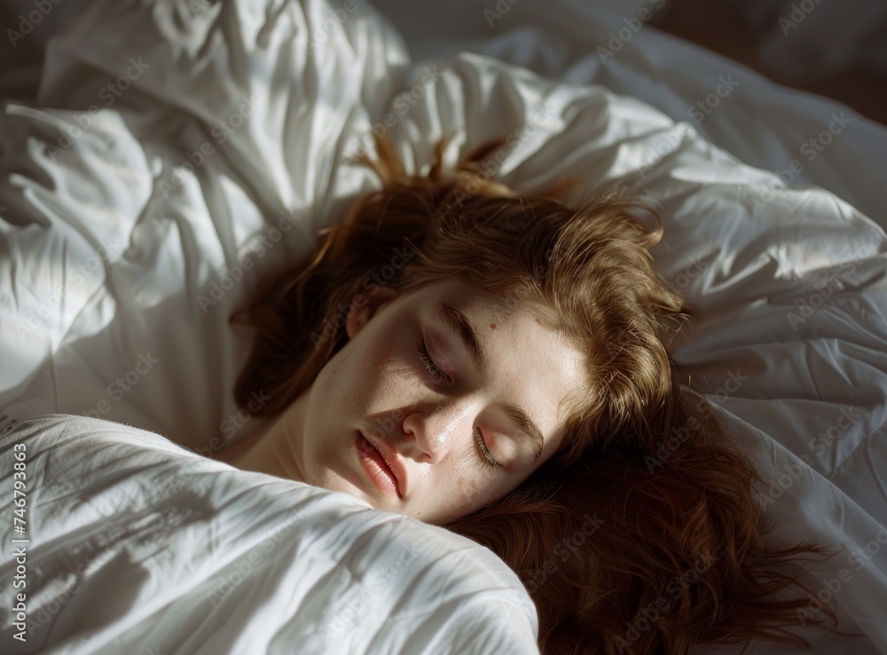 Young Woman Peacefully Sleeping in Modern Bedroom Generative AI Young Woman Peacefully Sleeping in Modern Bedroom Generative AI