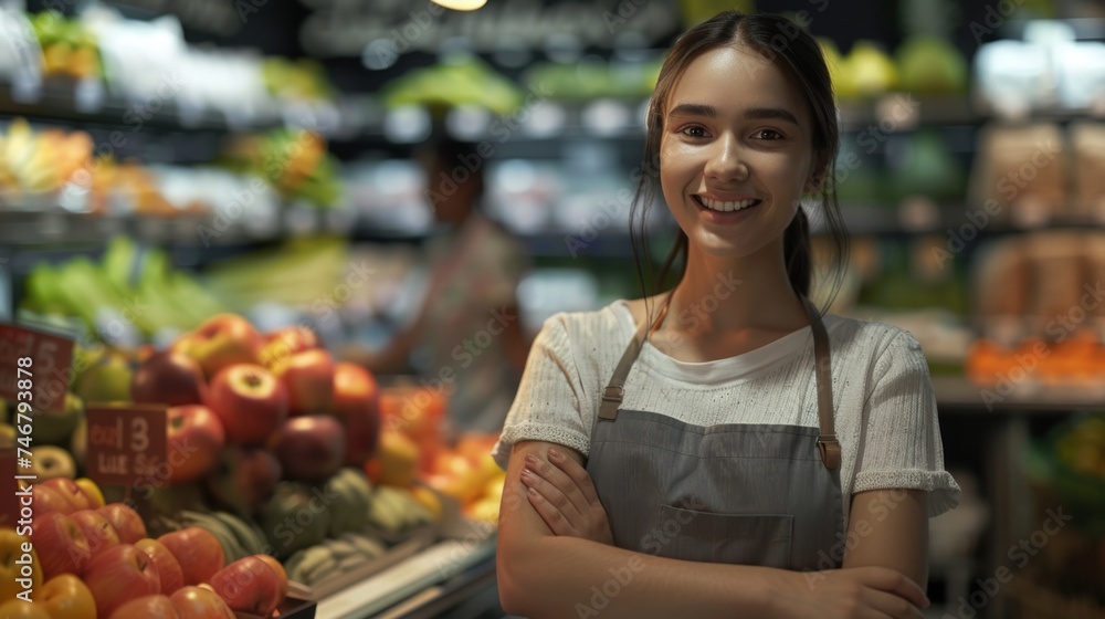 Joyful Young Female Supermarket Worker Generative AI