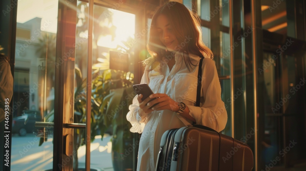 Woman Checking Phone while Waiting in Hotel Lobby Generative AI Woman Checking Phone while Waiting in Hotel Lobby Generative AI