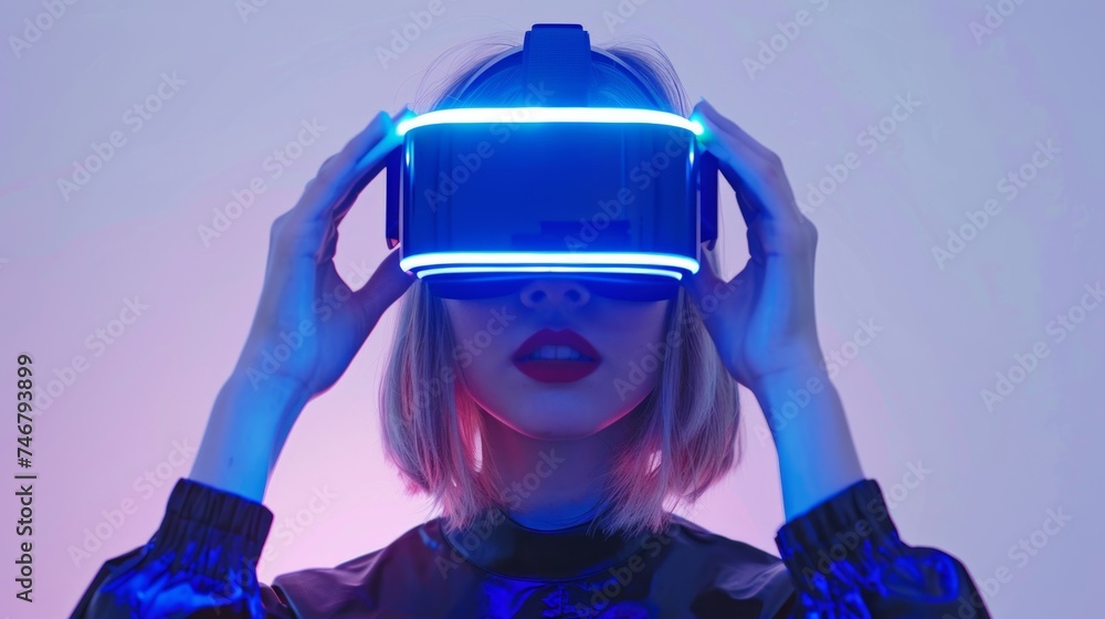 Woman Experiencing Virtual Reality in a Modern, Hyper-Realistic Style Generative AI Woman Experiencing Virtual Reality in a Modern, Hyper-Realistic Style Generative AI
