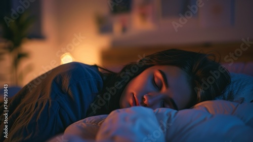 Young Woman Peacefully Sleeping in Modern Bedroom Generative AI © Alex