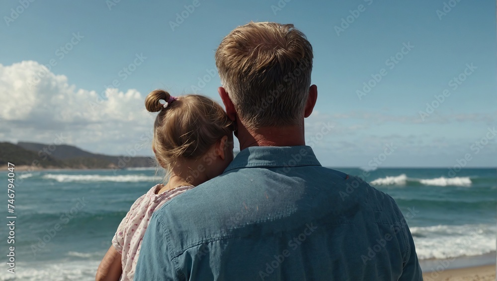 Fototapeta premium Rear view of dad holding her little girl in arms and showing ocean