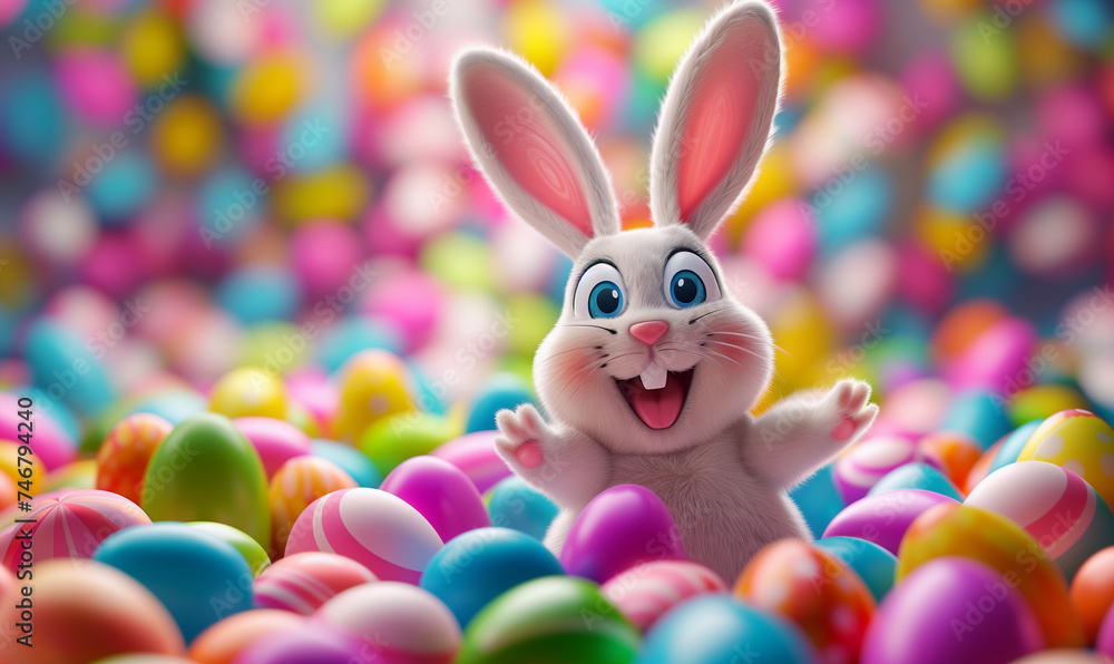 Excited Bunny Amongst Multicolored Easter Eggs
Excited Bunny Amongst Multicolored Easter Eggs