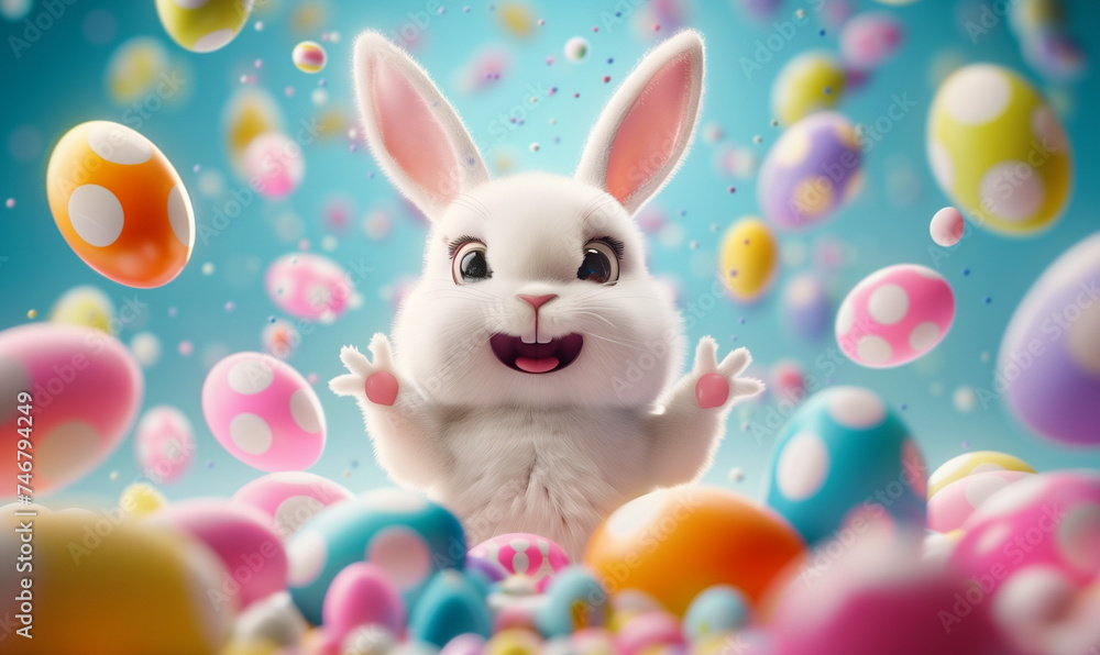 Joyful Easter Bunny with Colorful Eggs and Confetti
Joyful Easter Bunny with Colorful Eggs and Confetti
