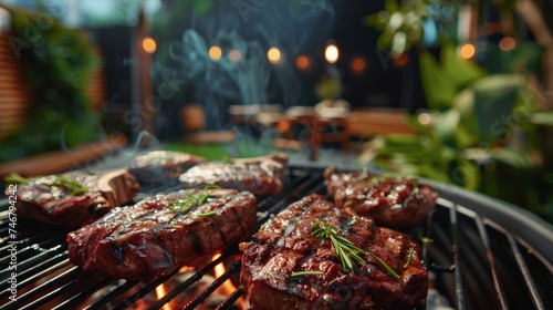Summer Barbecue Close-up: Juicy Beef Steaks on Garden Grill Generative AI