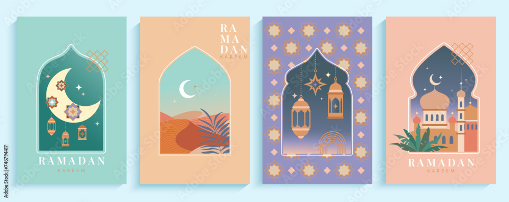 Set of Islamic greeting cards, invitation posters. Ramadan Kareem flyers, arches windows with moon, mosque dome,desert landscape and lanterns. Template for design, media banner. Vector illustration.