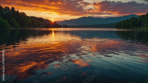 stunning sunrise over the lake with vibrant colors reflecting in the water