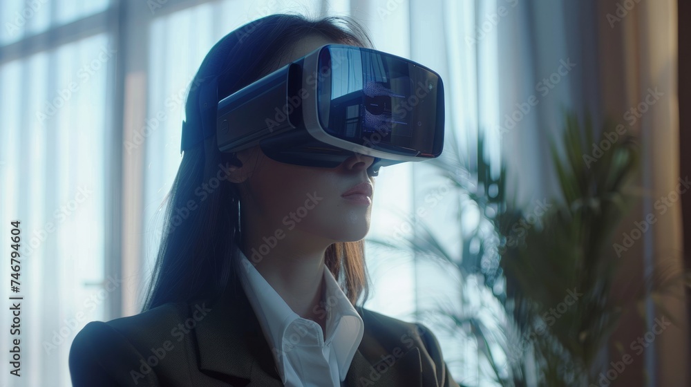 Woman Exploring Financial Data in Virtual Reality for Business Generative AI Woman Exploring Financial Data in Virtual Reality for Business Generative AI