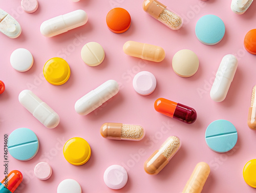 Pills and capsules on pink background