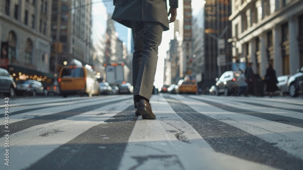 Businessman Striding Across Urban Crosswalk Generative AI