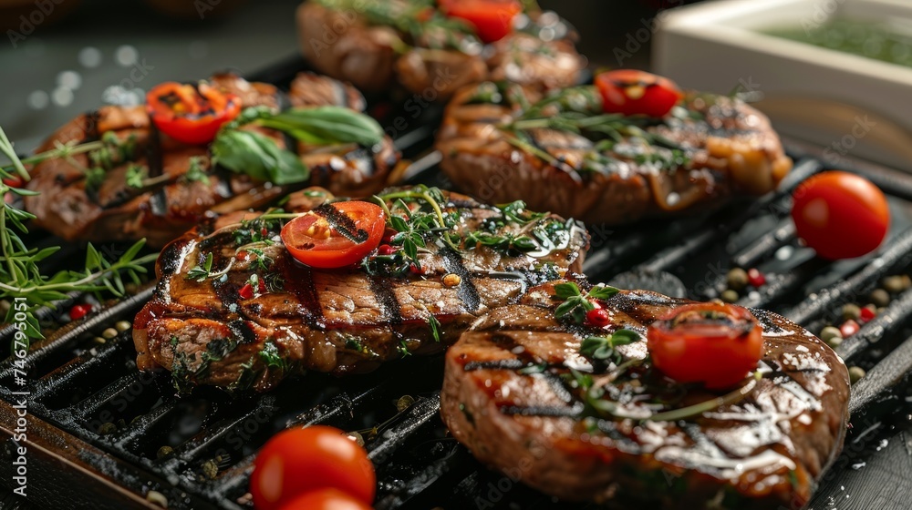 Savory Grilled BBQ Steaks with Fresh Herbs and Tomatoes Generative AI