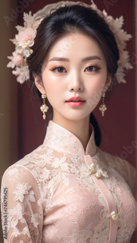 Asian woman wearing a coquette style lace pink blouse