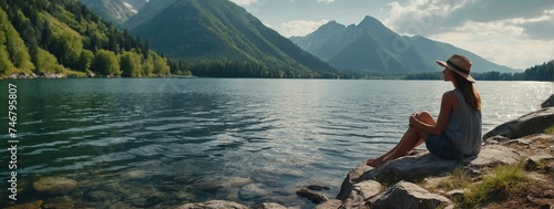 woman relaxing on stone at lake view of mountains and nature landscape