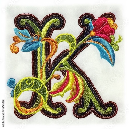 The letter k is decorated with colorful flowers  embroidery on white background