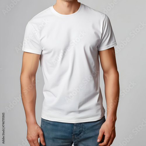Man wearing blank white t-shirt mockup template with copy space isolated on gray background