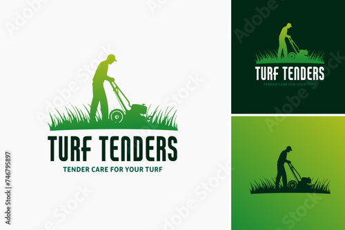 Logo featuring a man mowing the grass for brand. Suitable for landscaping, gardening, outdoor services, lawn care businesses.